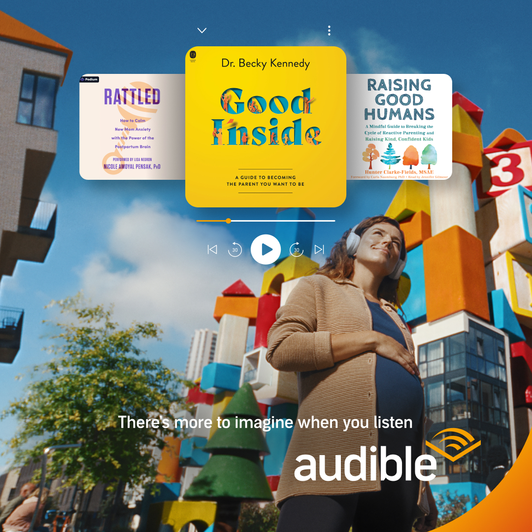 Audible campaign featuring the RATTLED audiobook beside Good Inside and Raising Good Humans