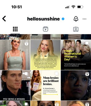 Screenshot of the Hello Sunshine Instagram grid featuring Dr. Nicole Pensak, Reese Witherspoon, and the RATTLED story