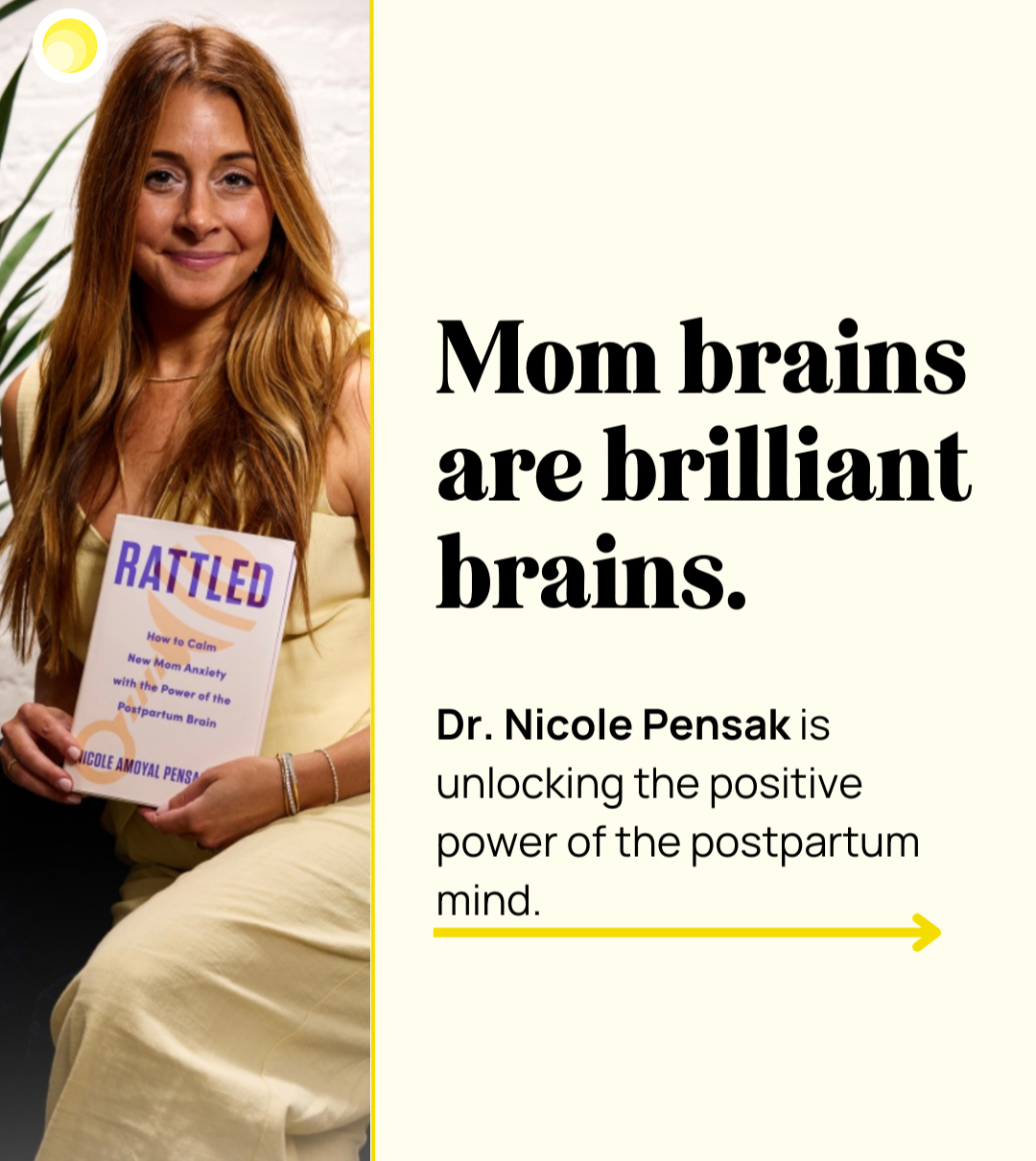 Dr. Nicole Pensak holding RATTLED beside the words Mom brains are brilliant brains